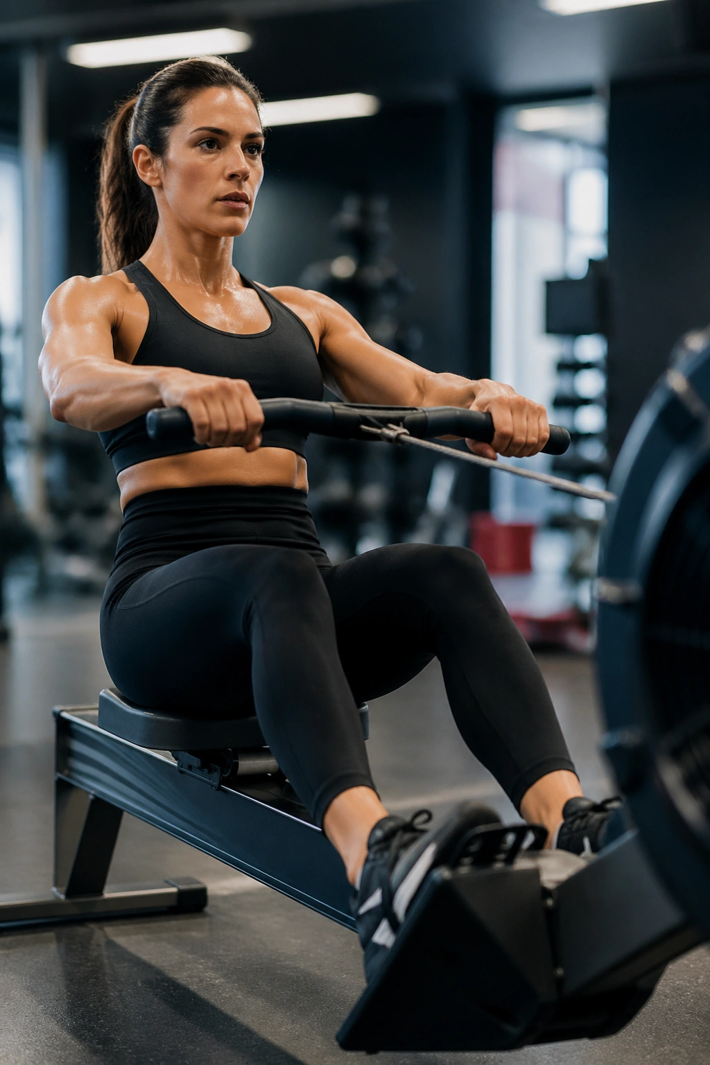 Person on a rowing machine performing intervals in a gym.
