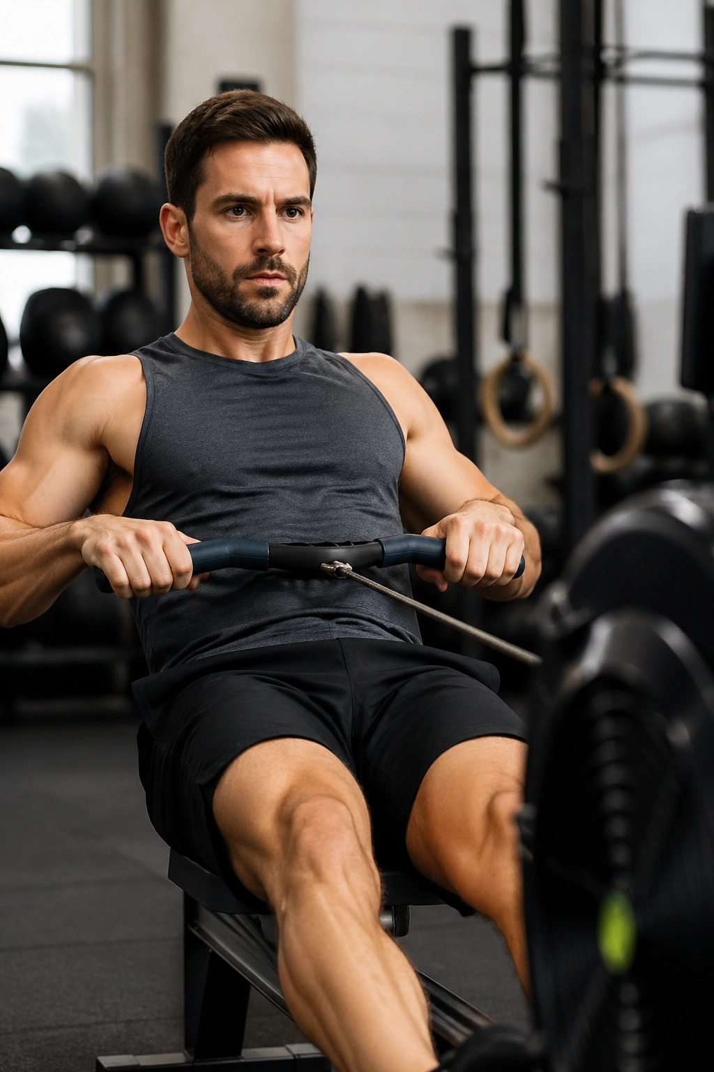 Rower mid-workout performing intervals on a rowing machine