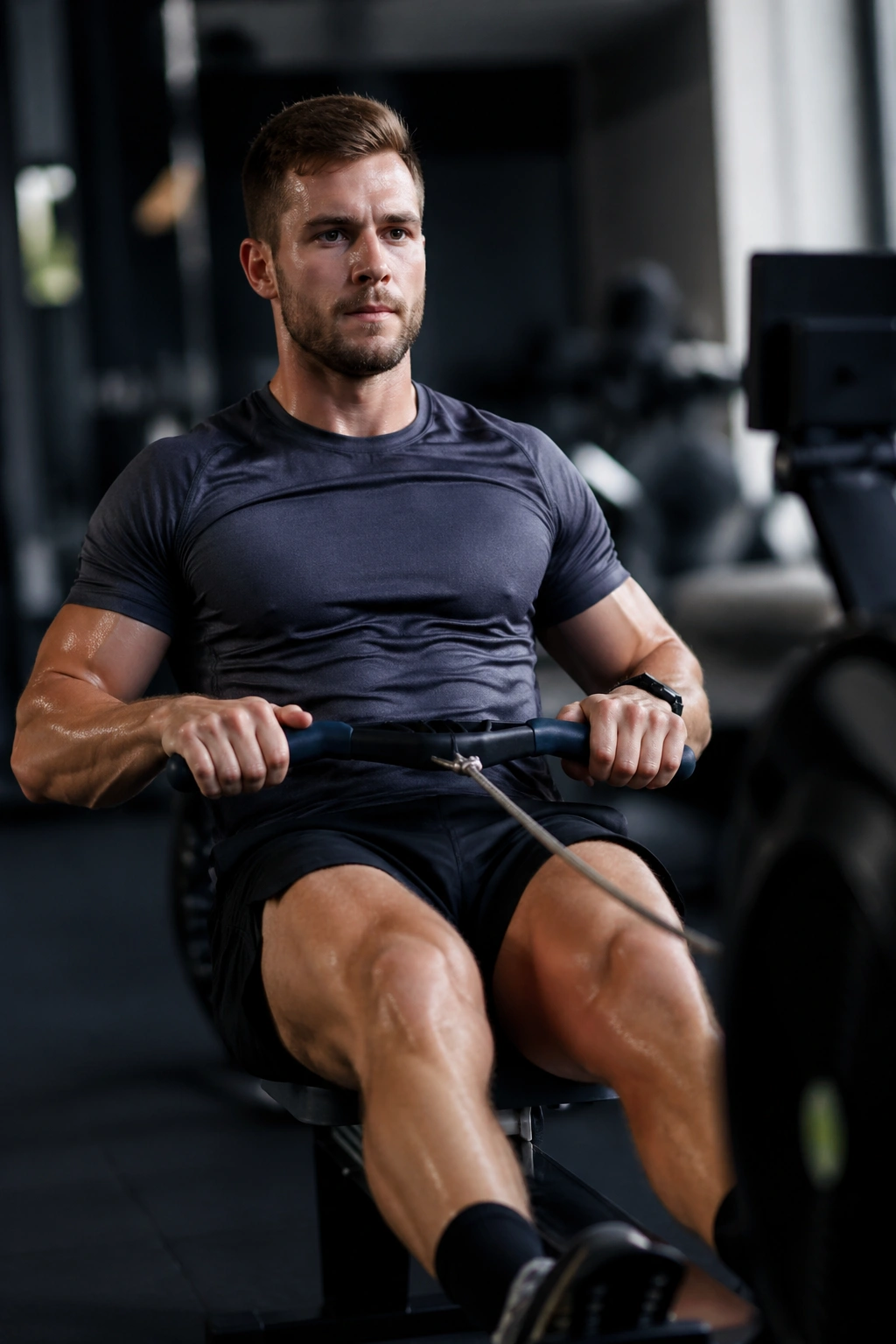 Medium close-up of rower powering on a rowing machine in a gym