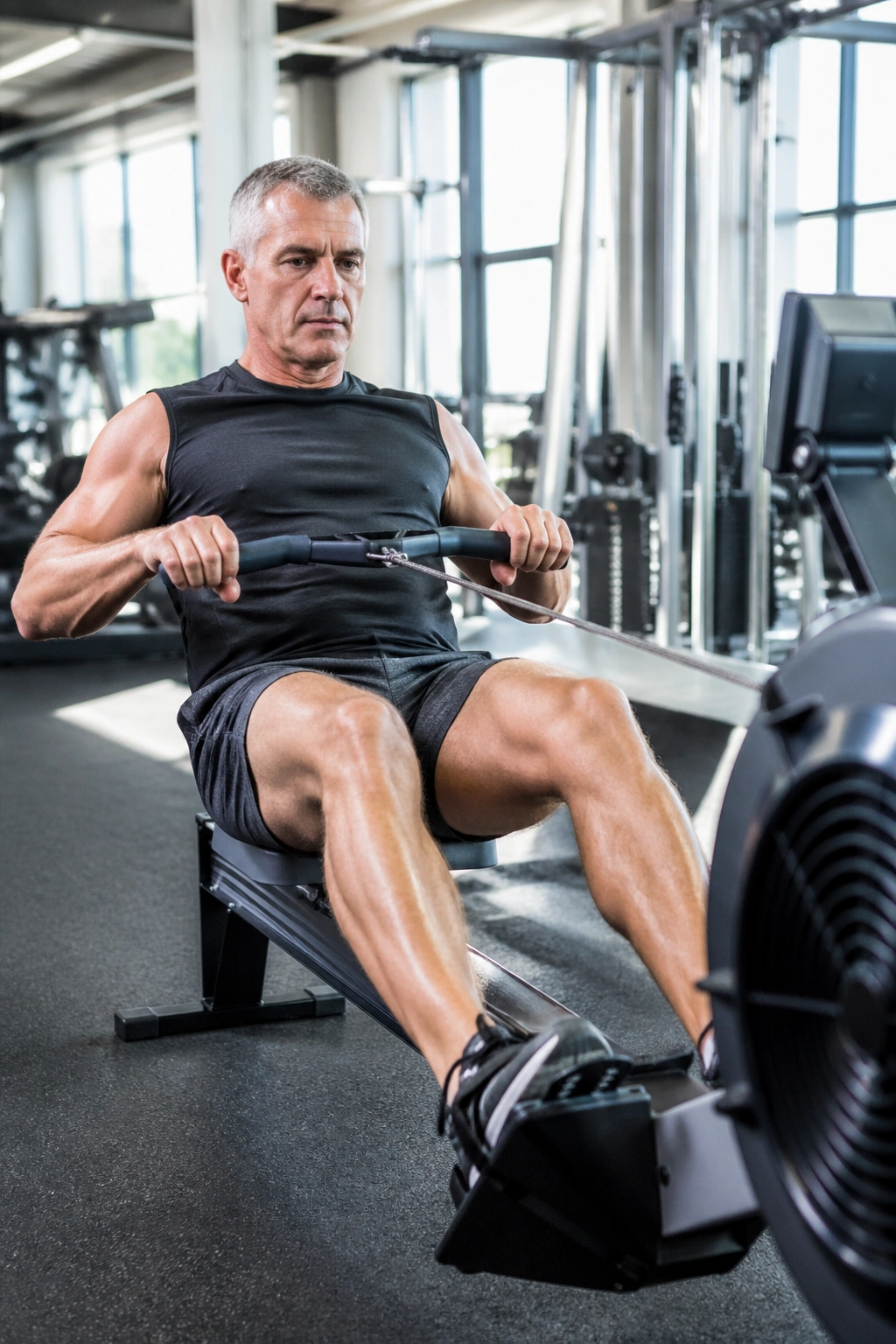 50+ man on rowing machine performing intervals in gym