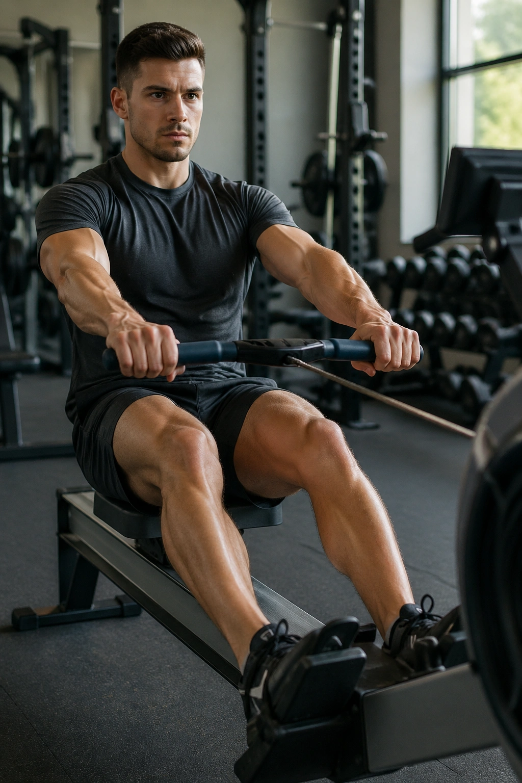 Person rowing on a machine with proper form in a gym