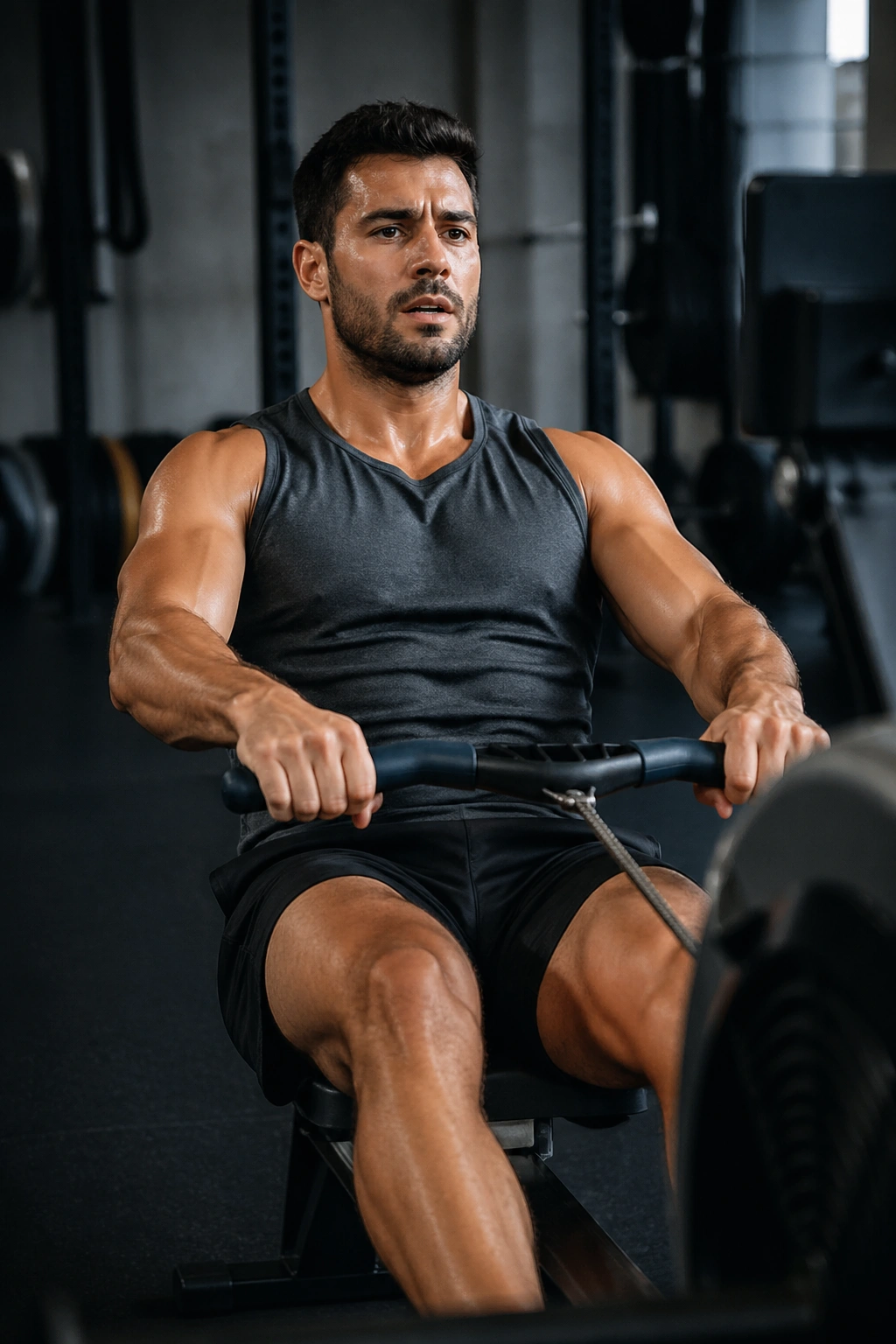Rower performing cardio sprints on a rowing machine in gym