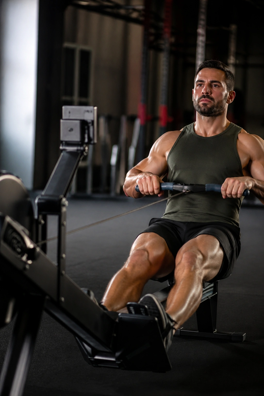 Person rowing vigorously on a rowing machine in a gym