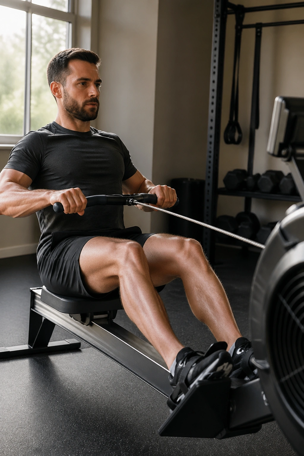 Person rowing with strong leg drive during a workout
