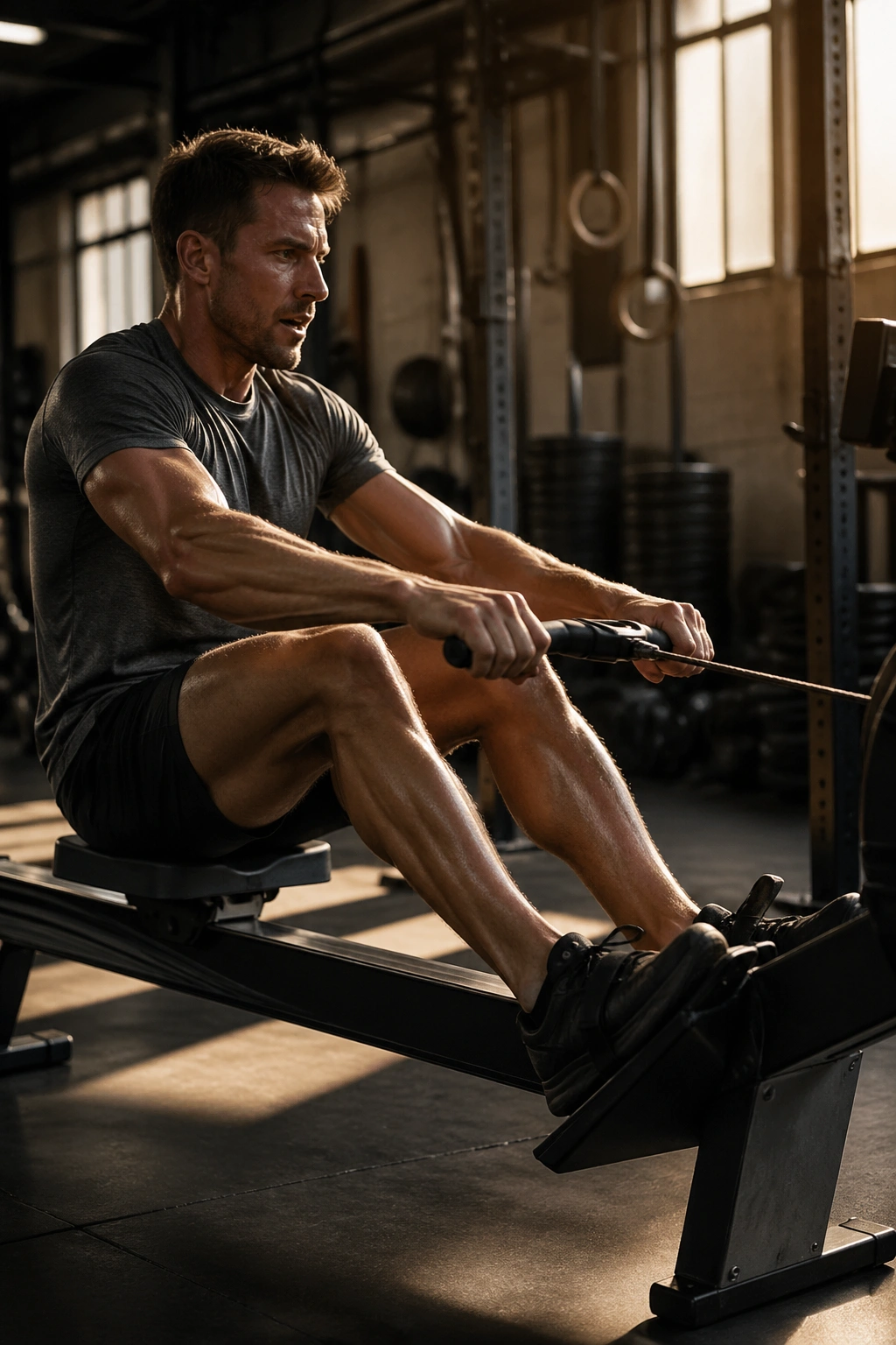 Athlete on rowing machine performing power bursts during HIIT