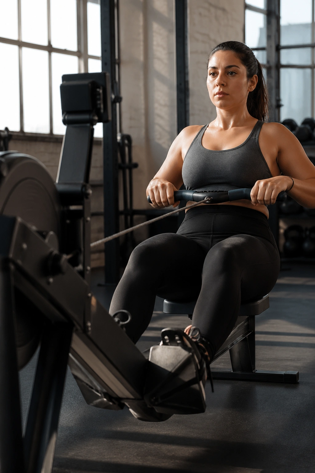 Person rowing with focus on legs and core during intervals
