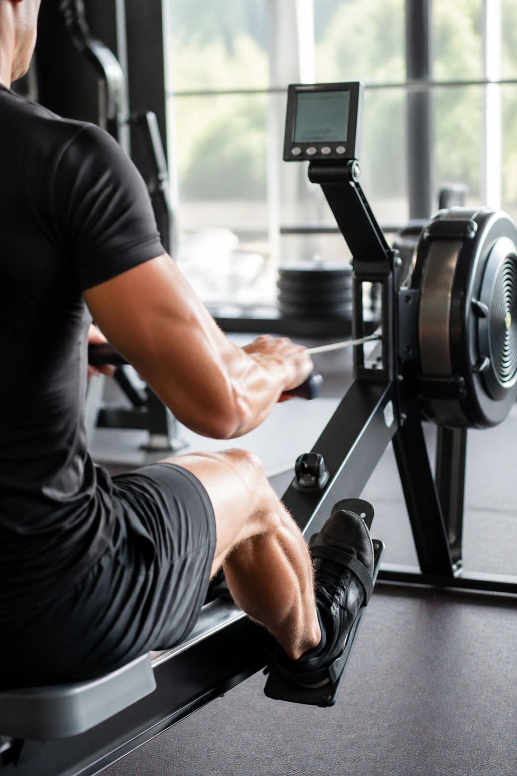 Close-up of a rowing machine in use during high-intensity interval training.