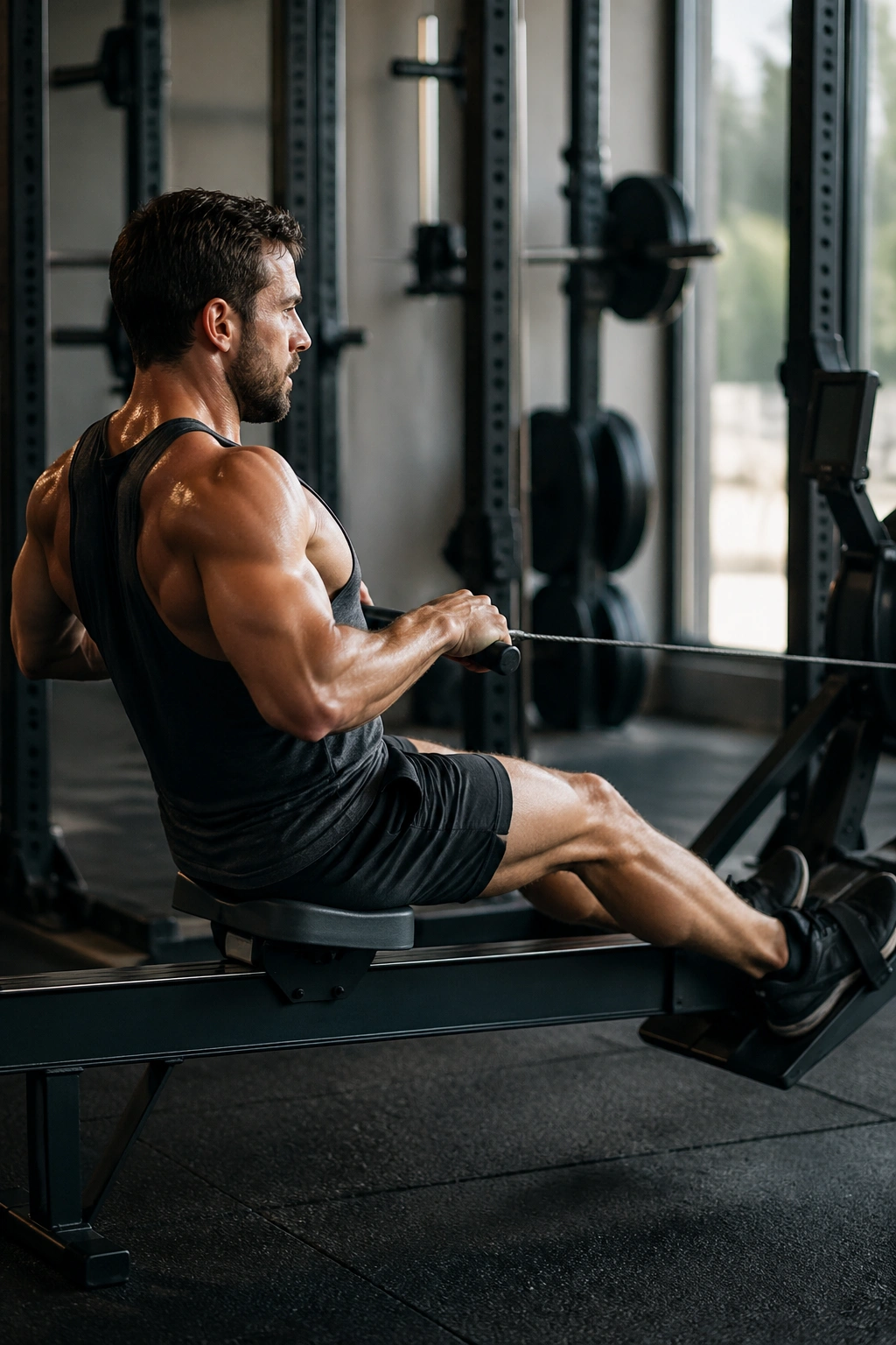 Person rowing on a machine in a gym during interval training