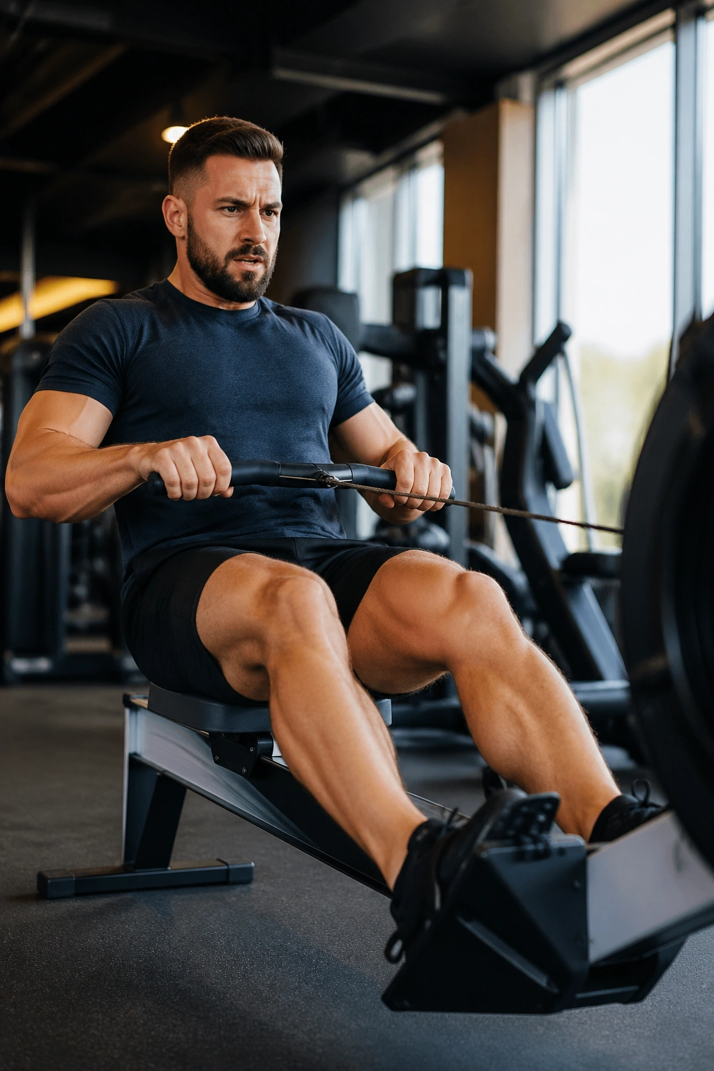 Person rowing vigorously on a rowing machine in gym