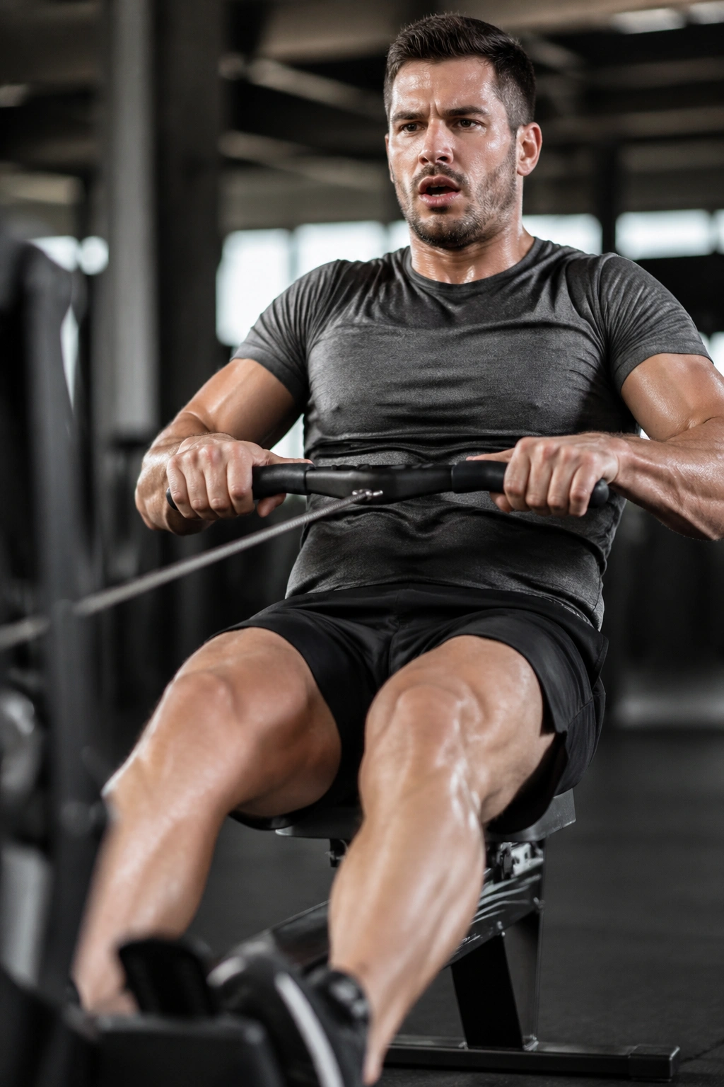 Person performing a rowing sprint on a gym rowing machine