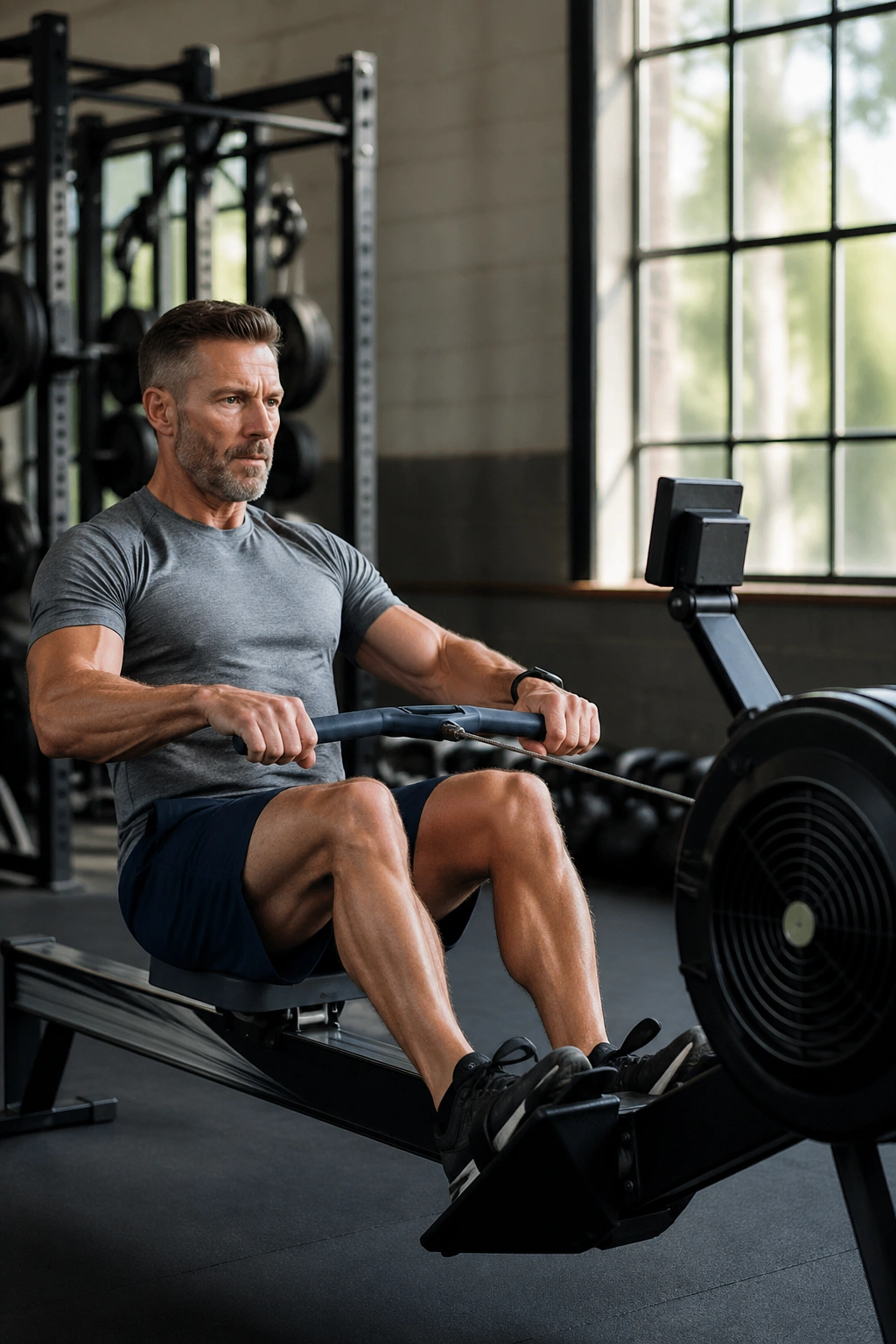 Athlete on rowing machine performing sprints in a gym