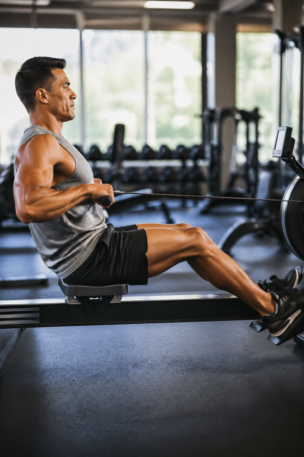 Person rowing on a gym rowing machine with full-body effort