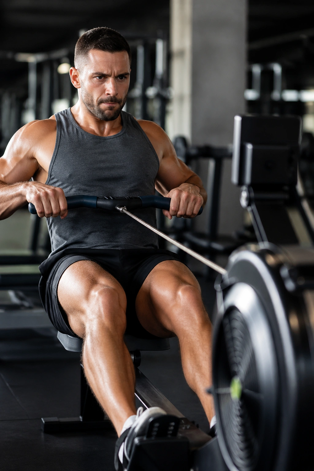 Mid-shot of rowing sprints with legs driving and arms pulling