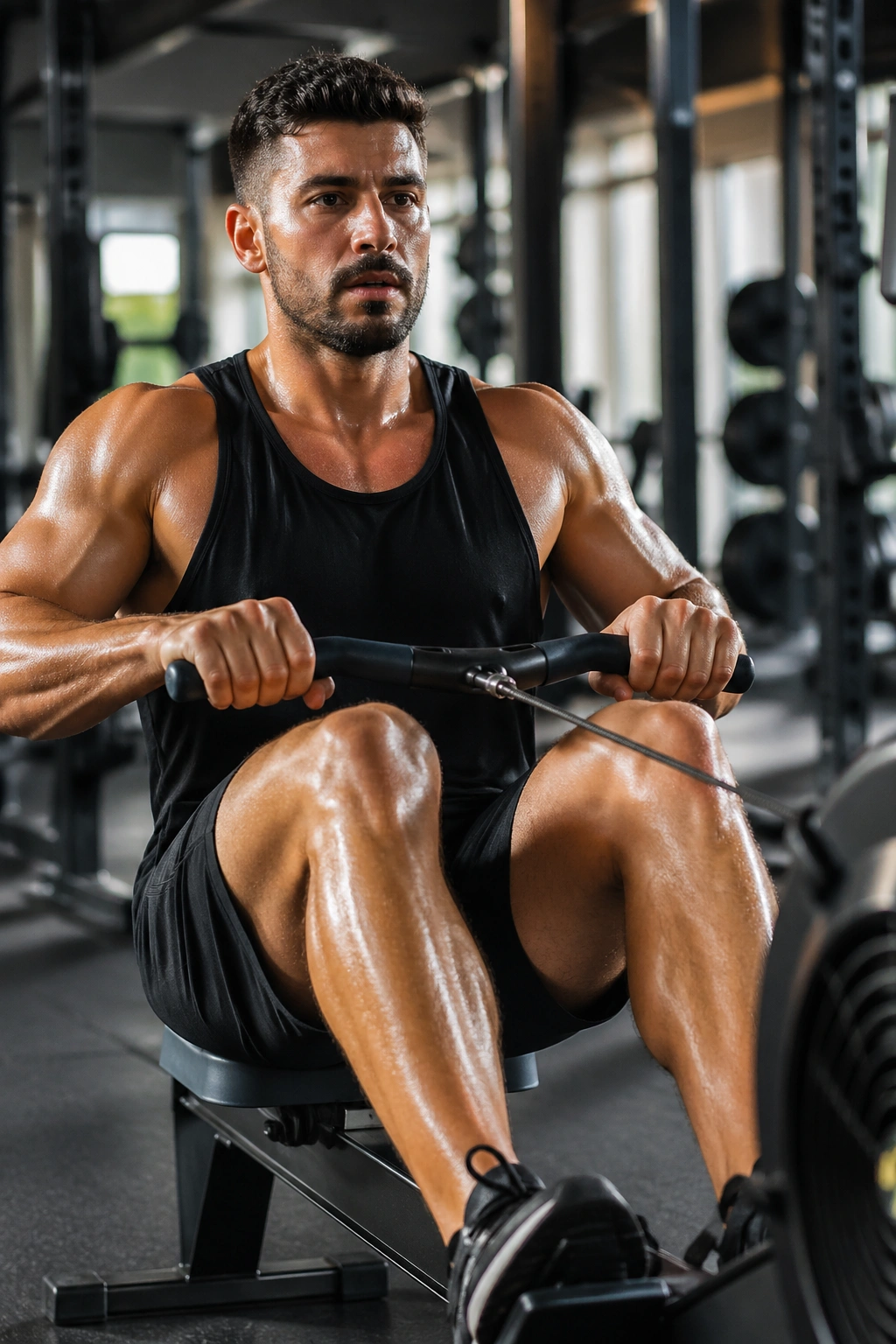 Person rowing vigorously on a rowing machine in a gym.