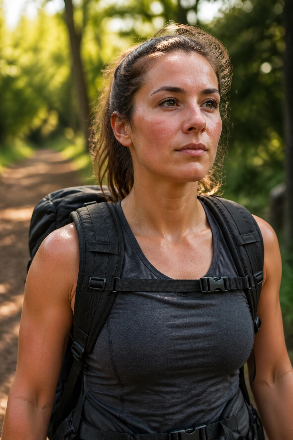 Close-up of a person walking outdoors wearing a backpack for ruck walk