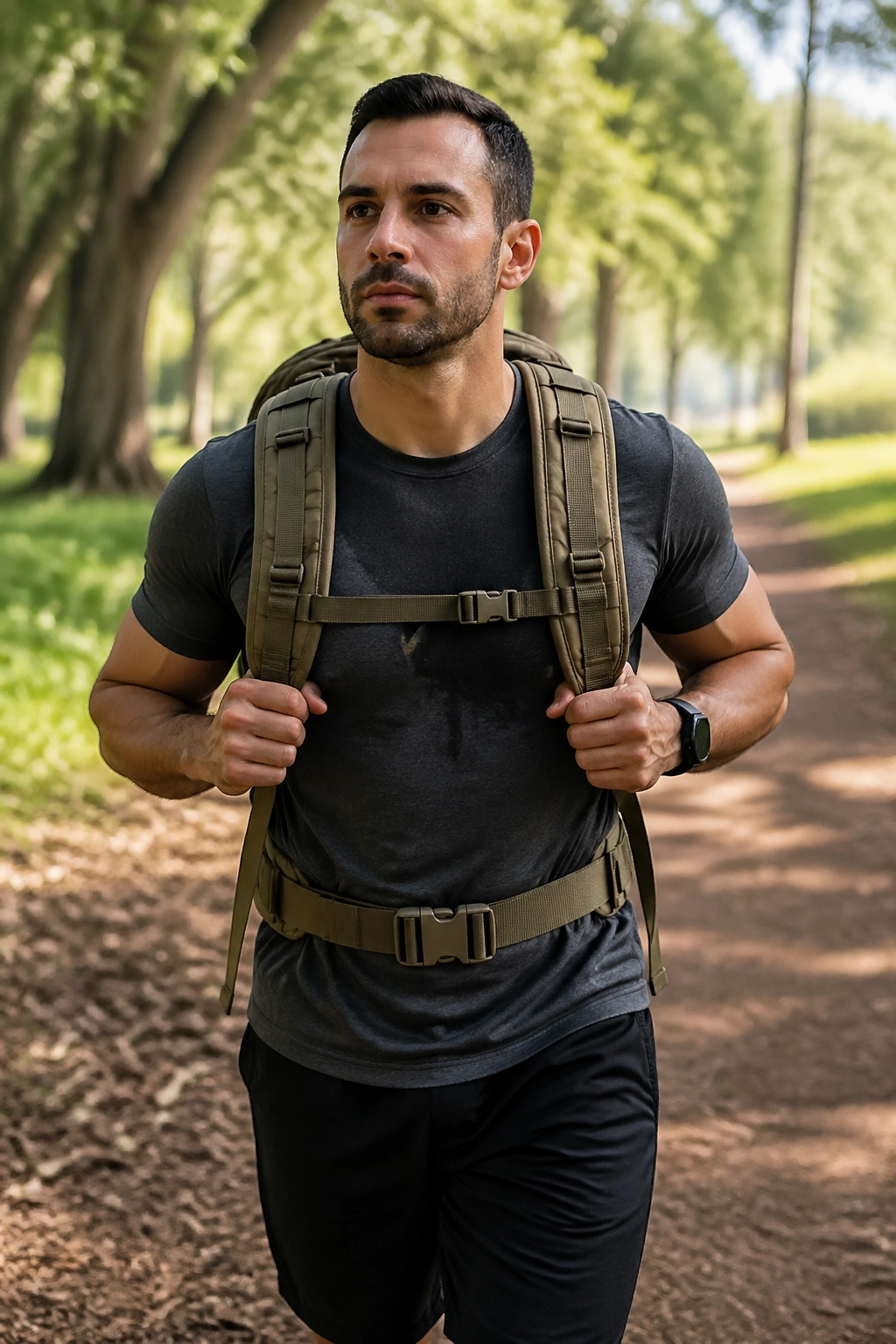 Mid-shot of a person with a weighted backpack rucking outdoors on a park trail