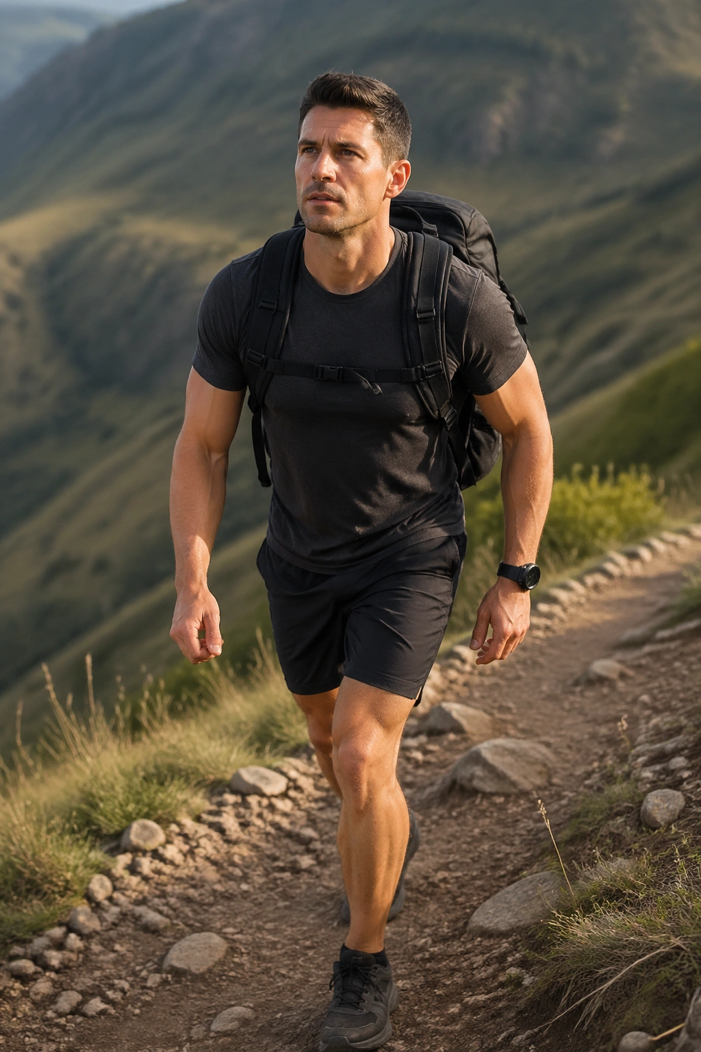 Person rucking uphill with a weighted backpack