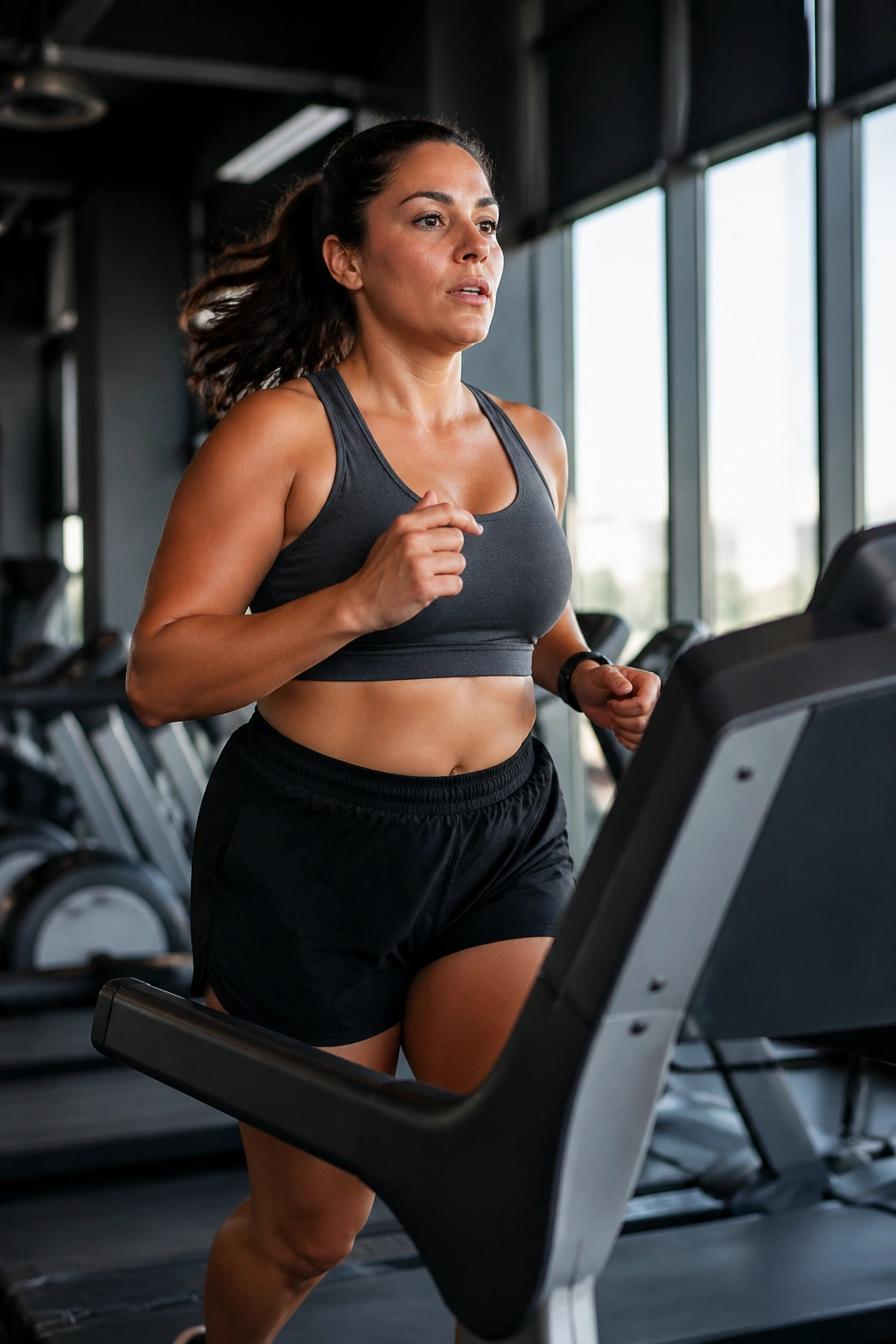 Real person on a treadmill demonstrating run-walk cadence in a gym