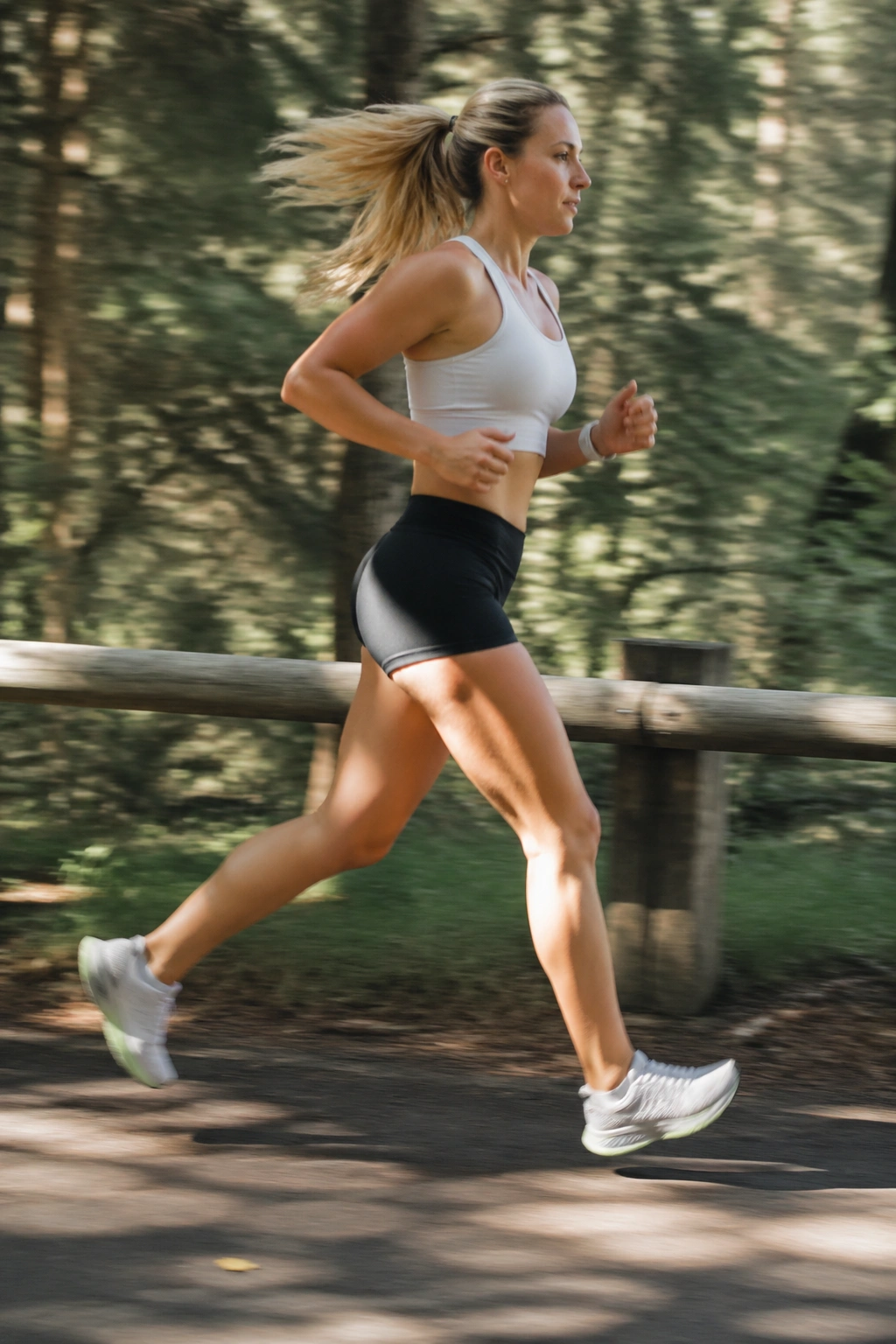 Runner on an outdoor track performing run-walk interval pace in daylight
