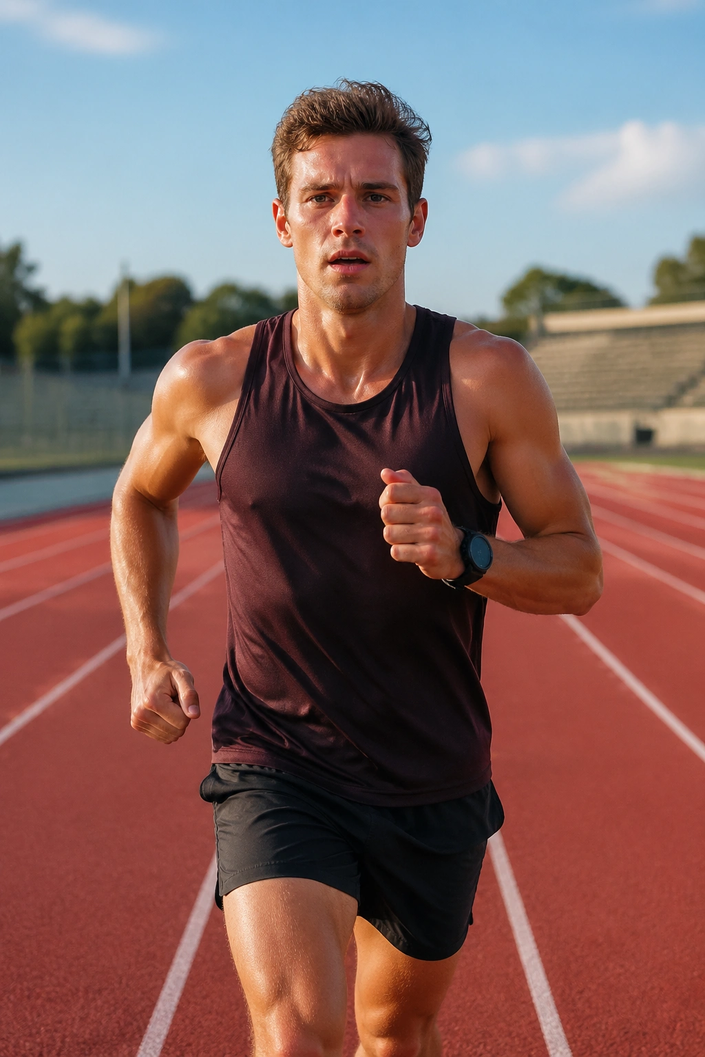 Runner on track executing run-walk ladder intervals in daylight