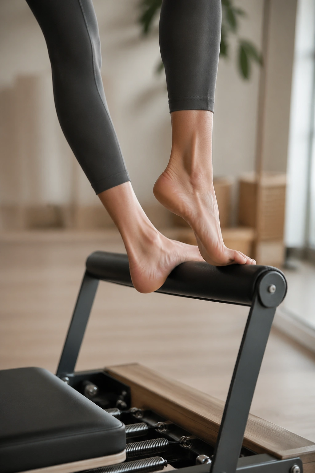 Running and calf stretch reset on reformer focusing on ankles and calves