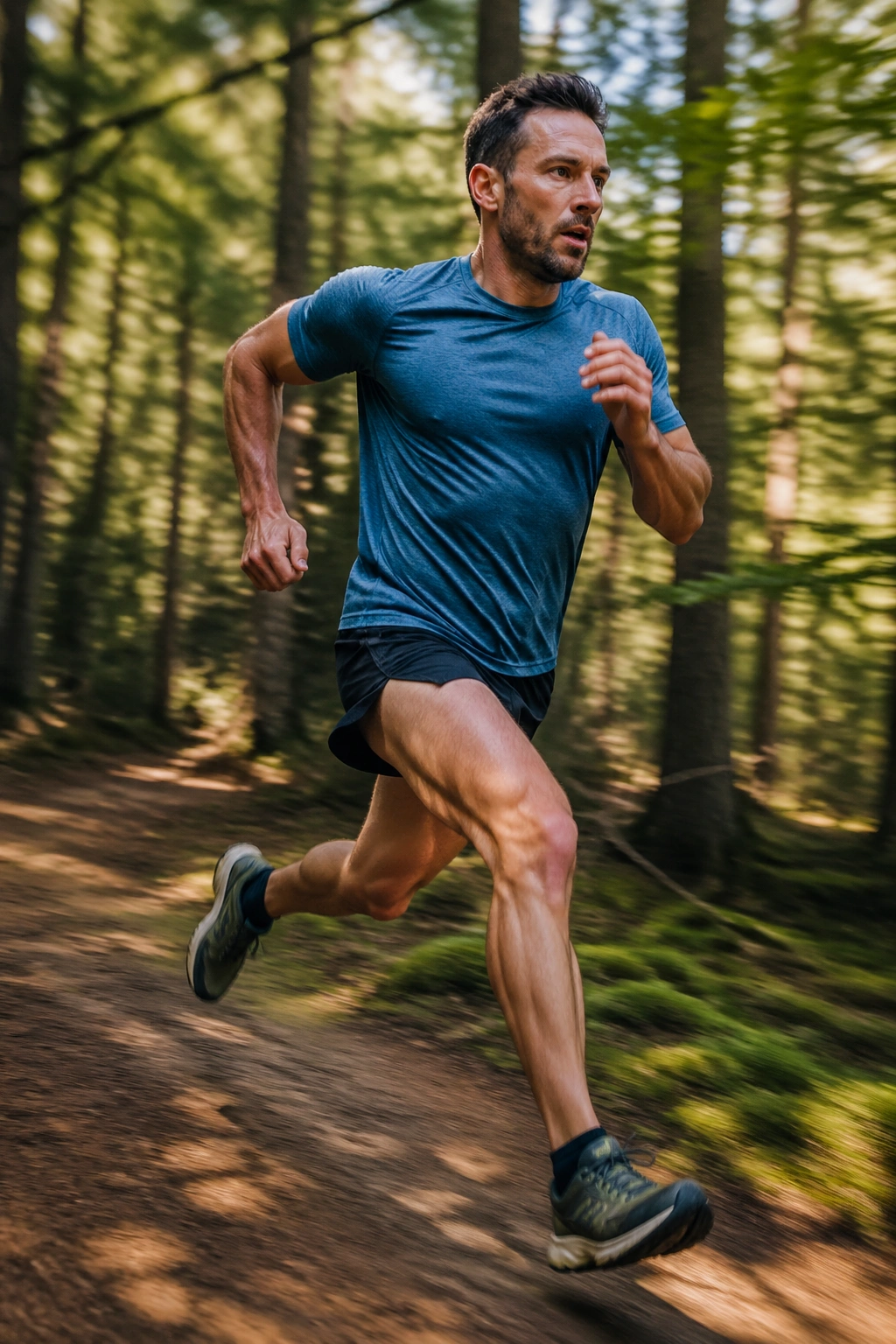 Runner in mid-stride on a trail illustrating running mechanics
