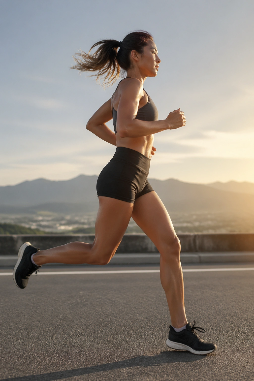 Runner in a side-profile performing outdoor interval runs.