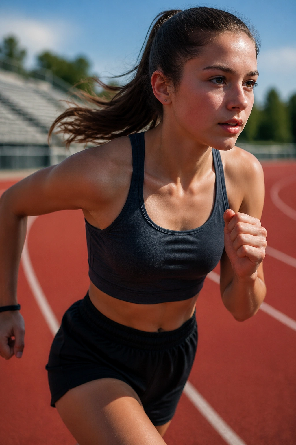 Teen girl running on track during interval workout