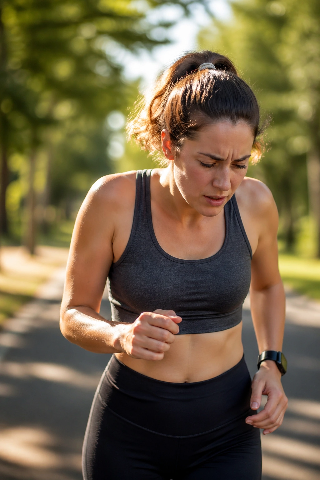 Close-up of a beginner runner in a park showing poor form to illustrate common mistakes