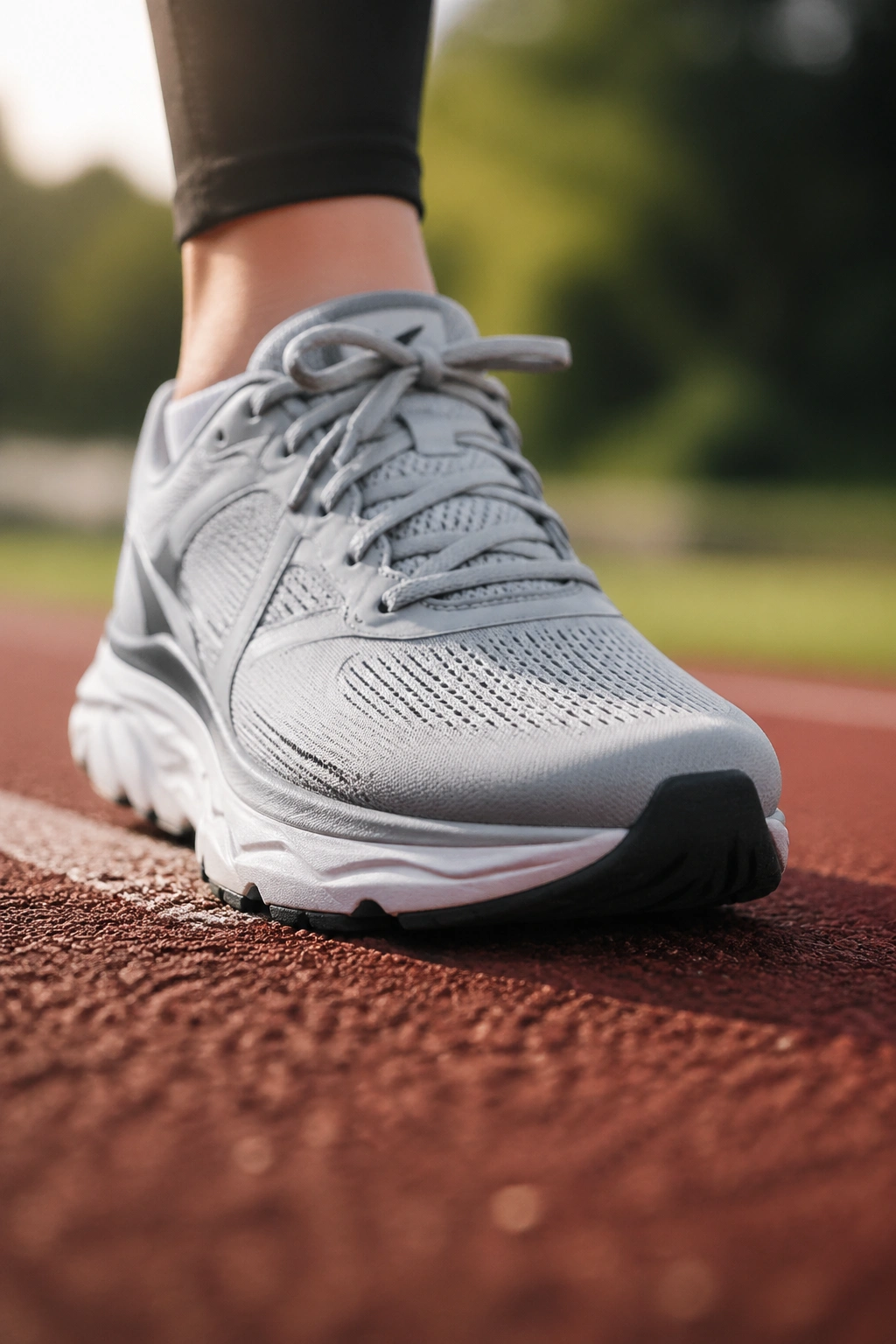 Close-up of running shoe on track surface