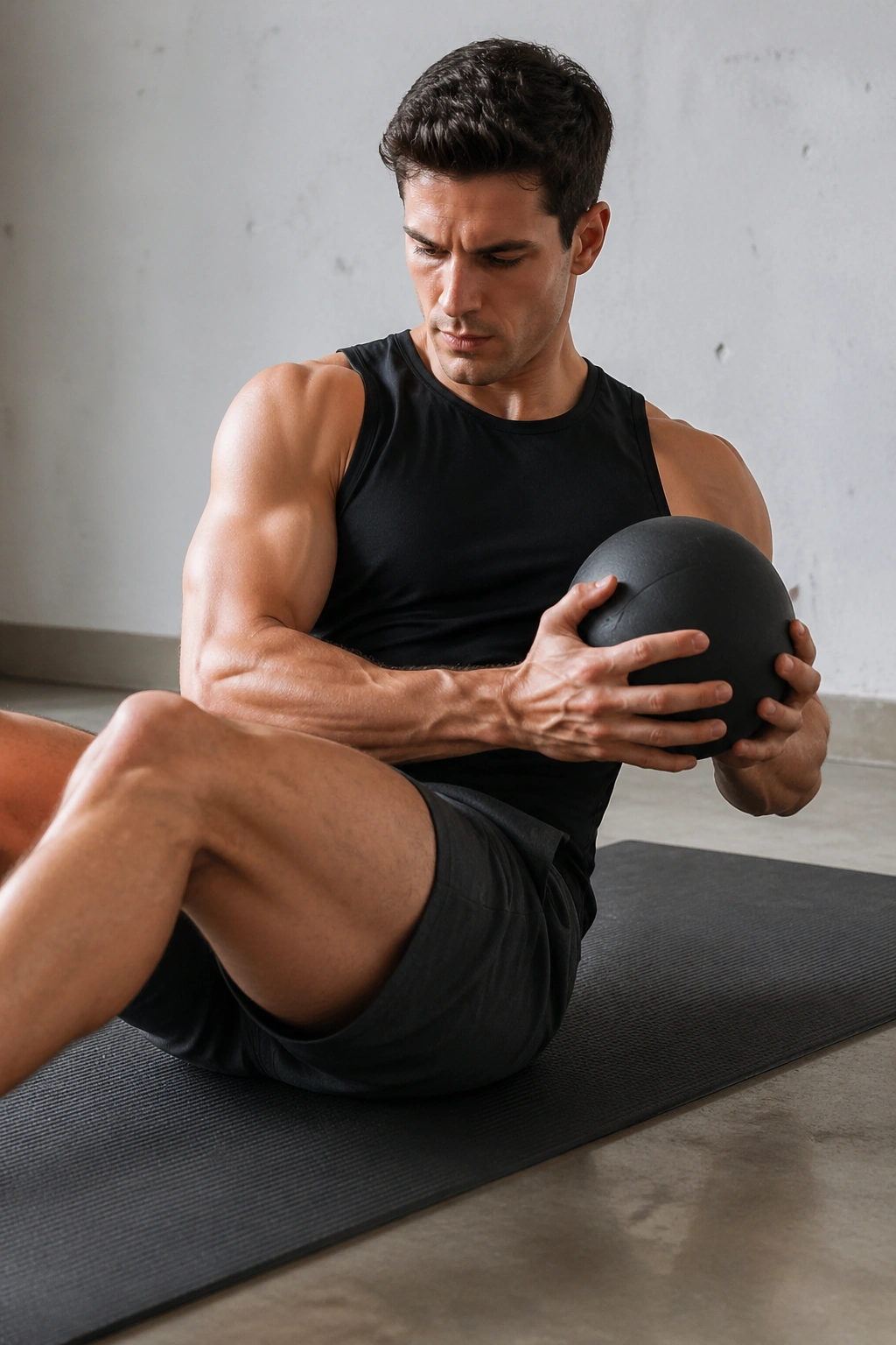 Person performing Russian twist with weight to chest, obliques engaged