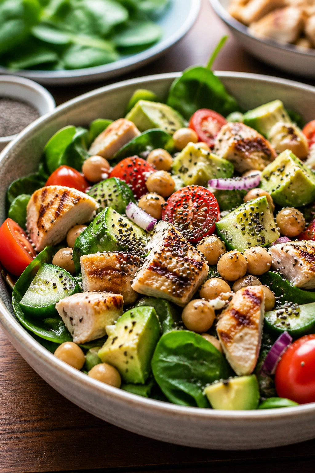 Hearty protein salad with chia seeds close-up