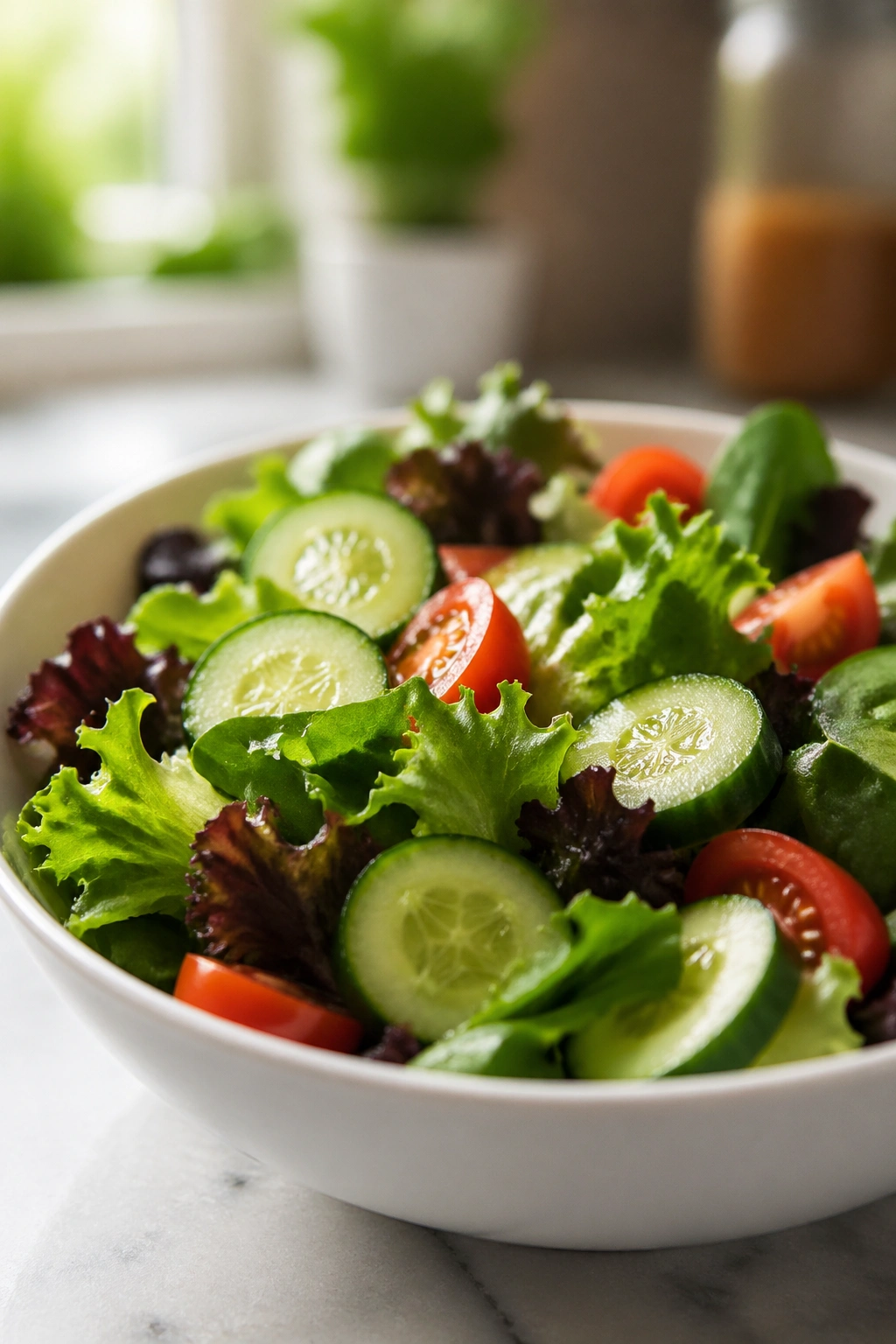 Close-up of a fresh mixed greens salad in a bowl