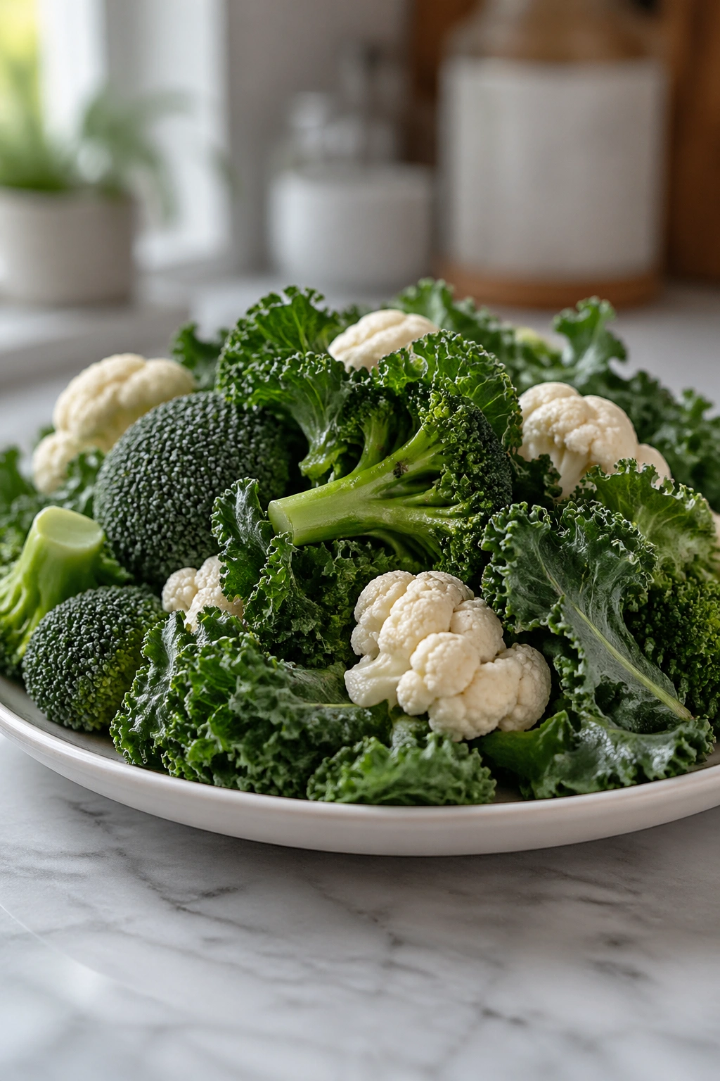 Close-up of a plate with a large raw cruciferous vegetable salad