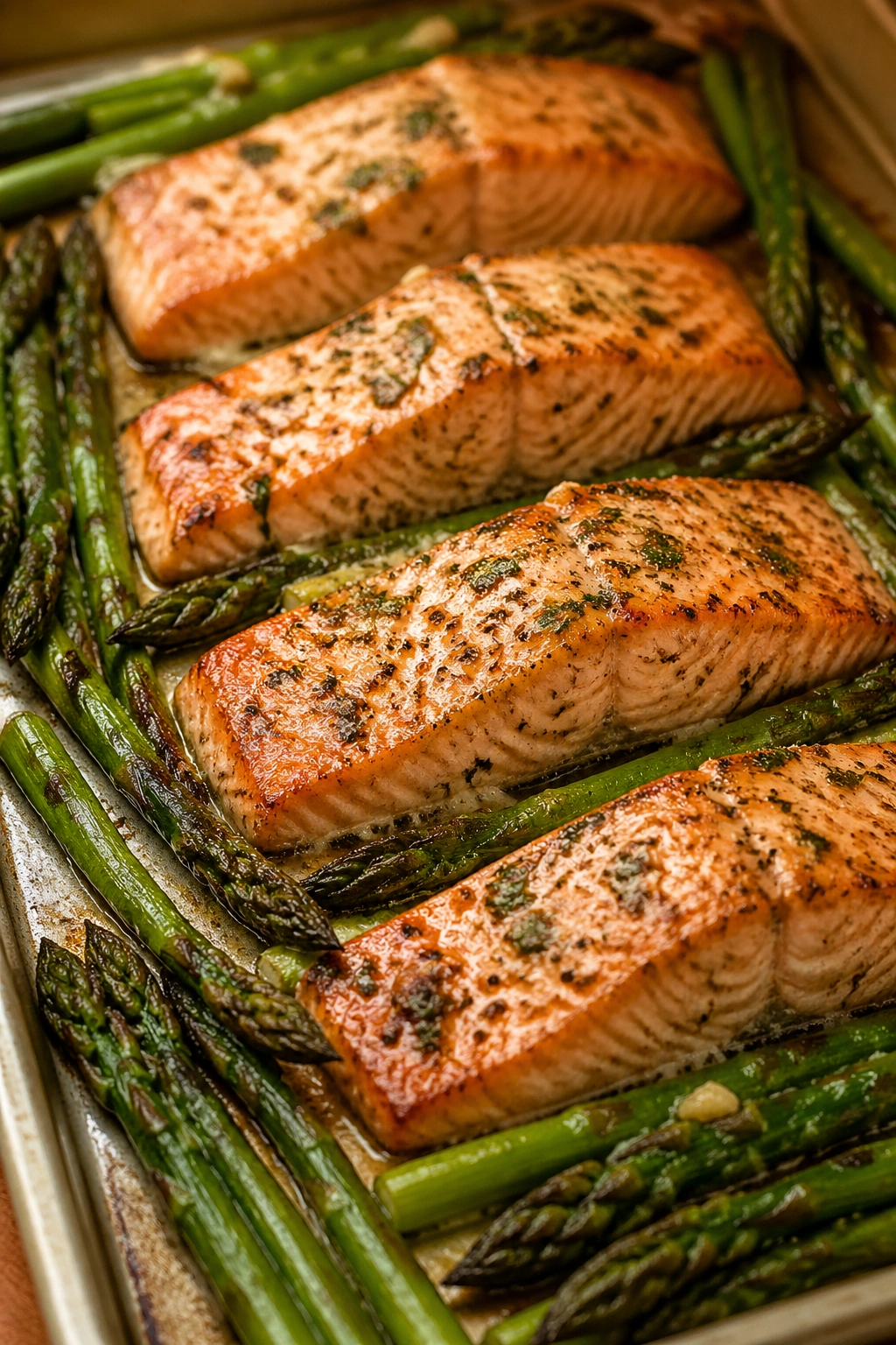 Close-up of salmon with asparagus on a sheet pan