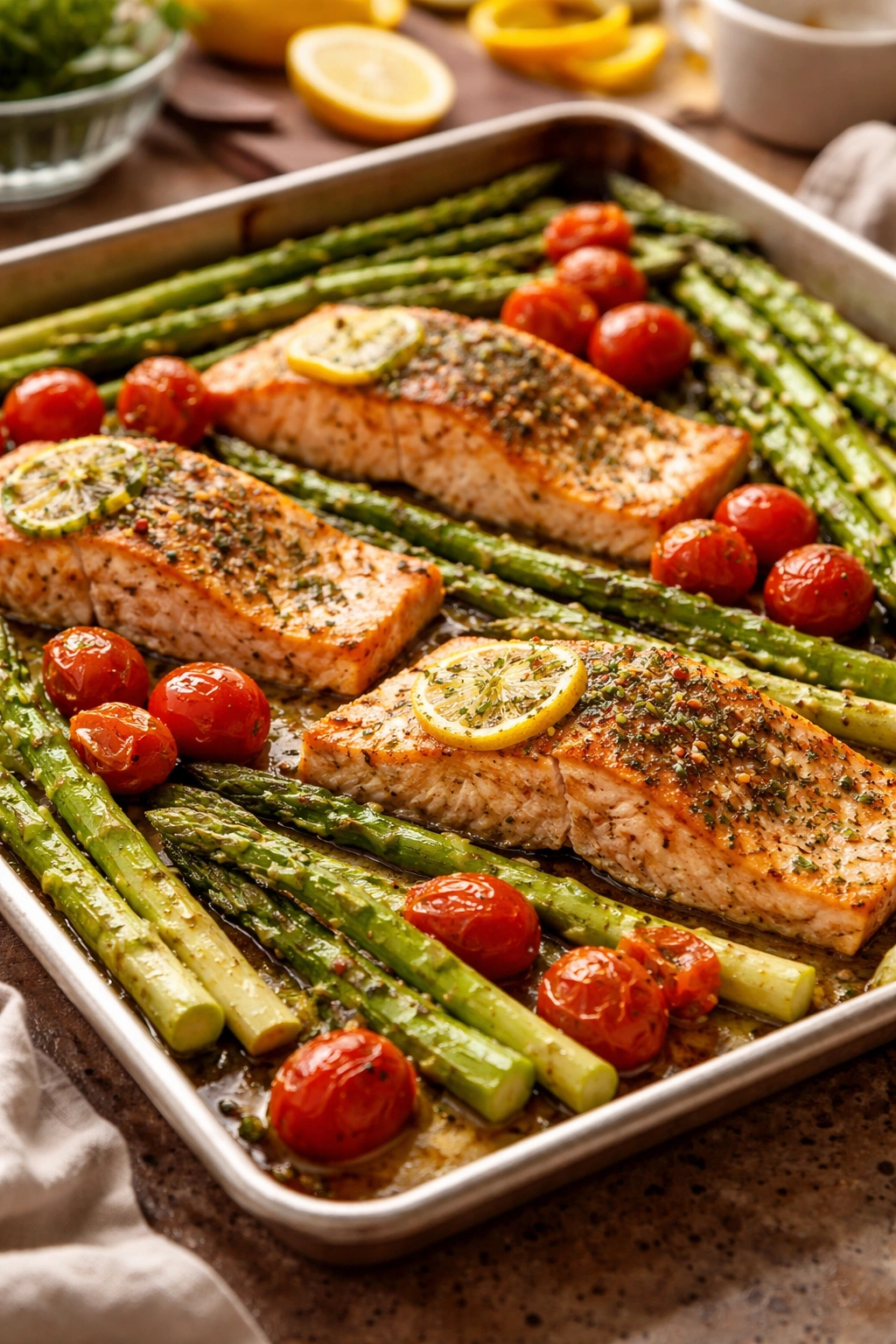 Sheet pan salmon with asparagus and tomatoes fresh from the oven.