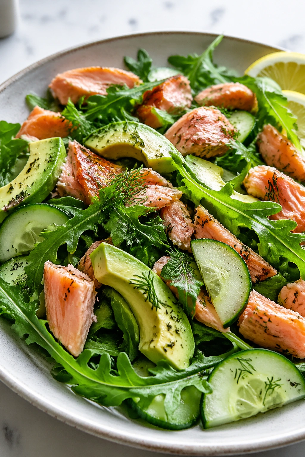 Close-up of Salmon Avocado Cucumber Salad on plate with arugula