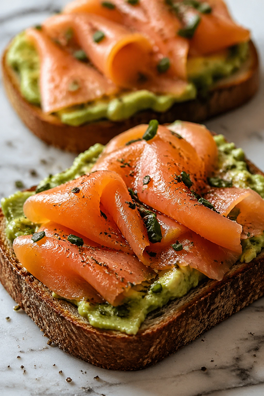 Close-up of smoked salmon avocado toast on a plate