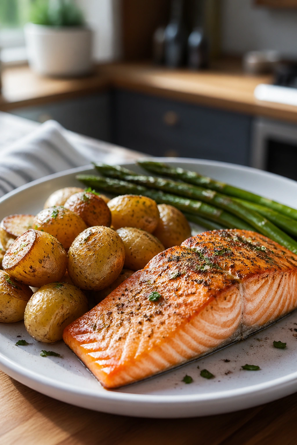 Close-up of salmon with baby potatoes on plate