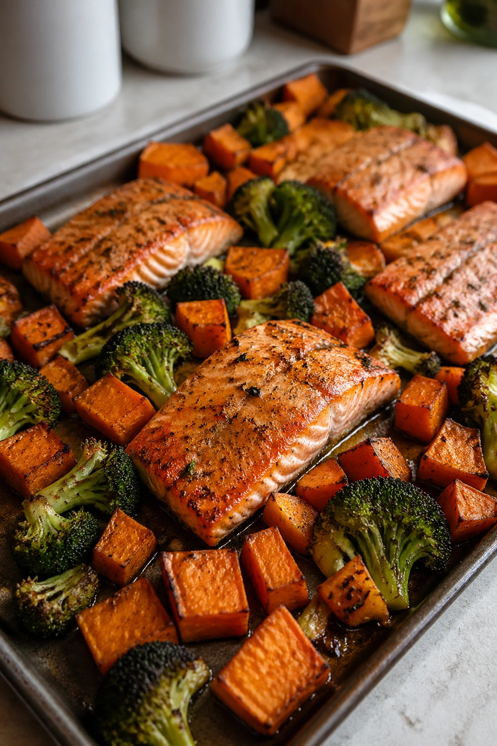 Sheet pan with salmon, broccoli, and sweet potatoes on a kitchen counter