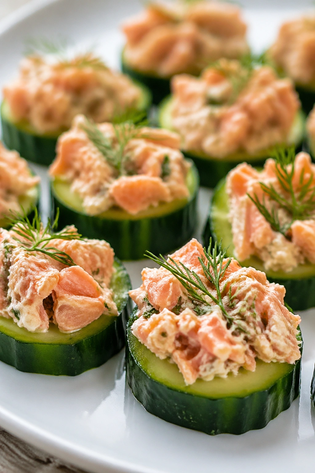 Salmon cucumber bites on a plate