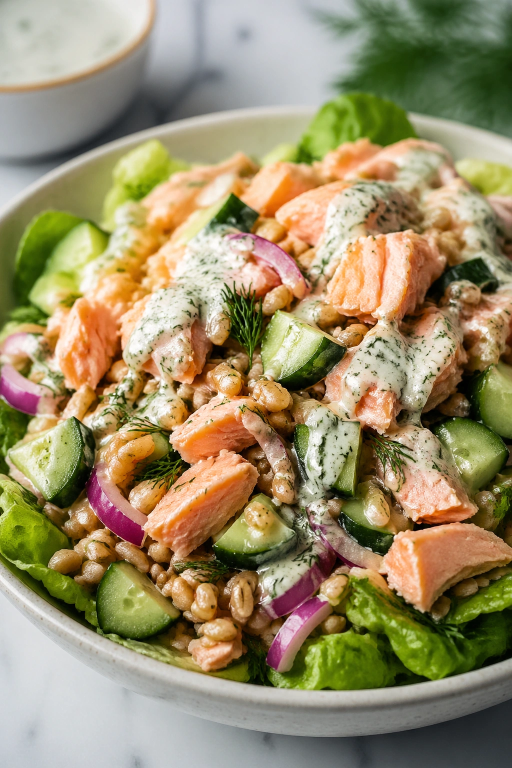 Salmon salad with farro cucumber and dill yogurt dressing