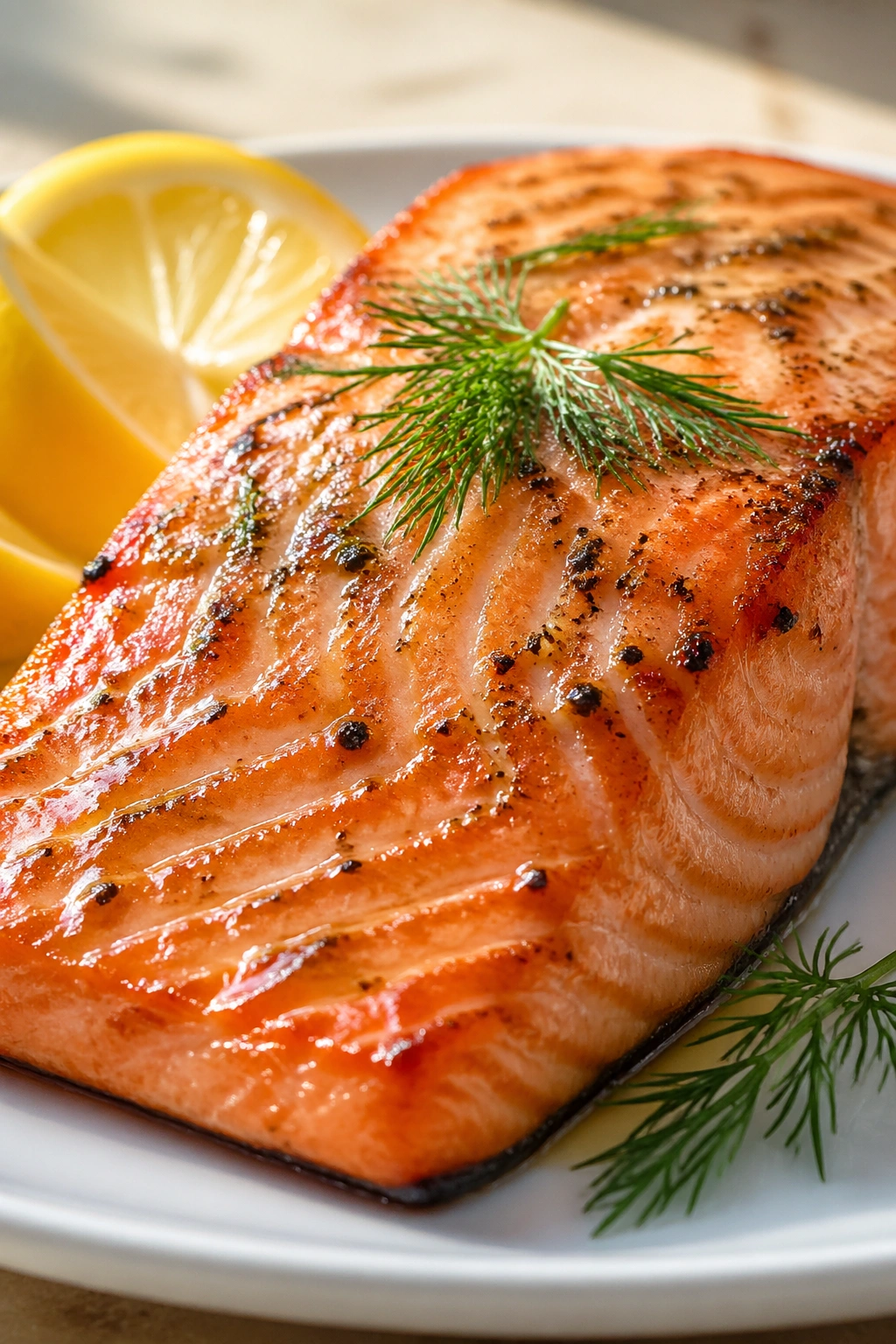 Close-up of a salmon fillet with lemon and dill on a plate, highlighting omega-3 rich protein