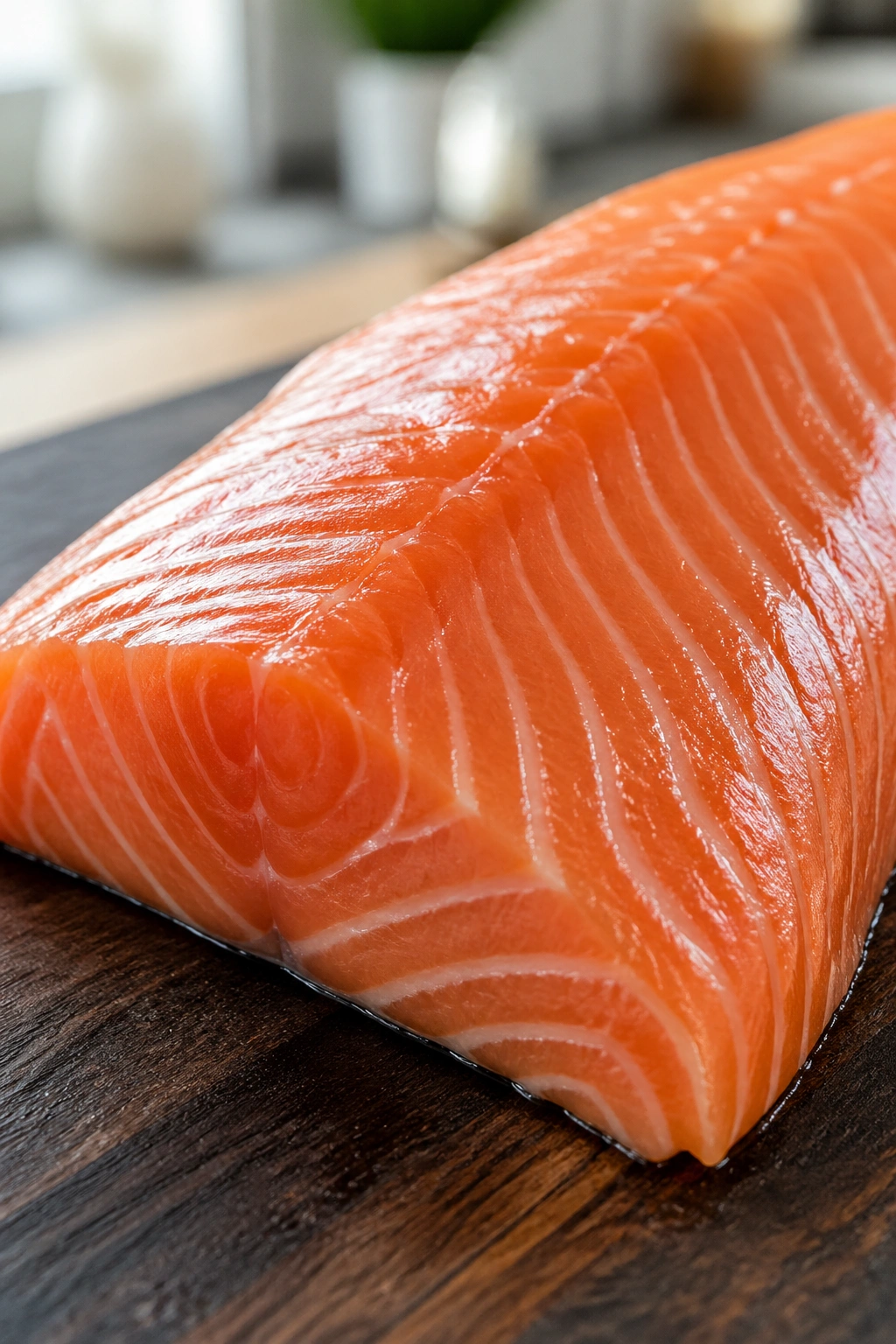 Close-up of a salmon fillet on a cutting board in a kitchen.