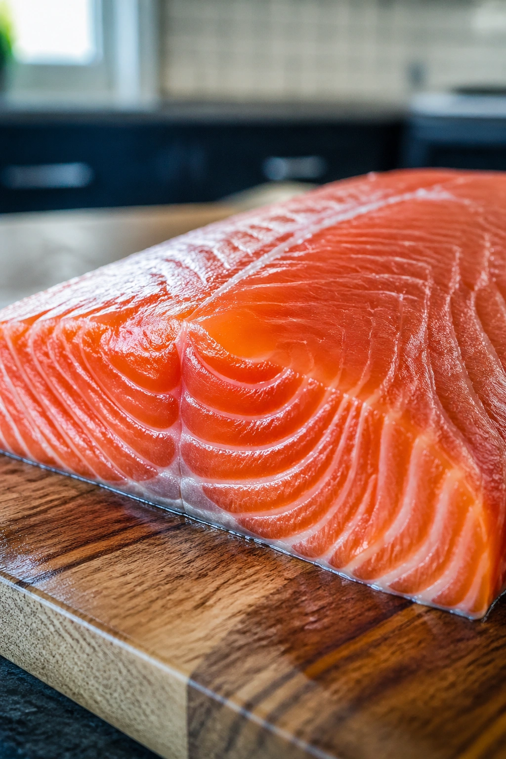 Salmon fillet on a cutting board in a kitchen