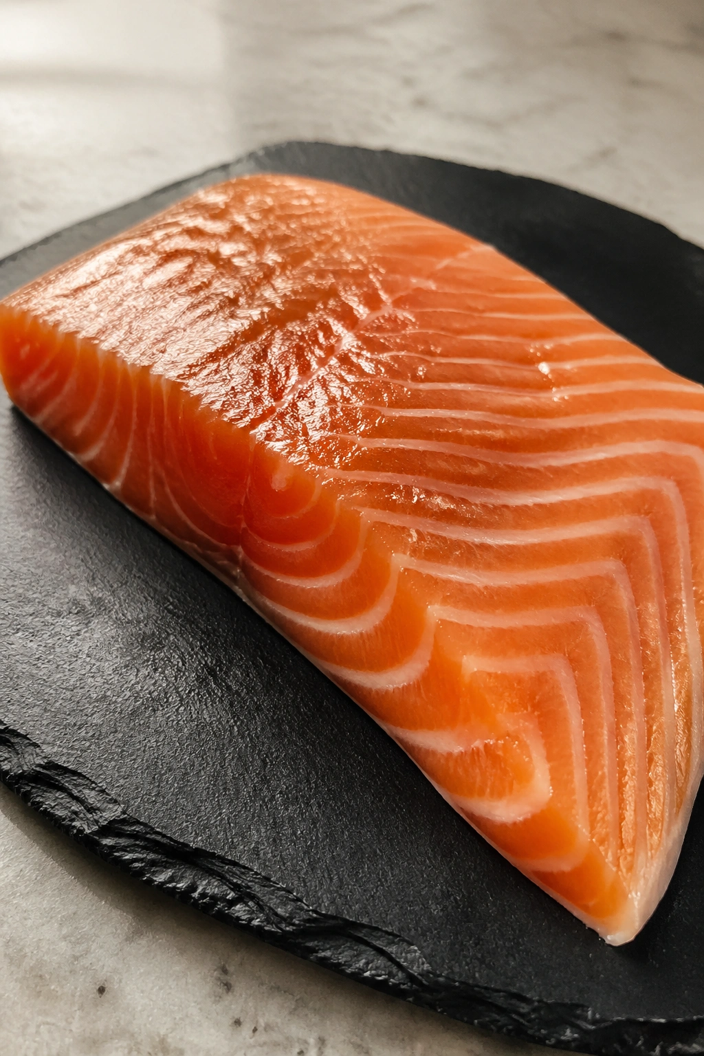 Salmon fillet on a dark slate plate in a kitchen