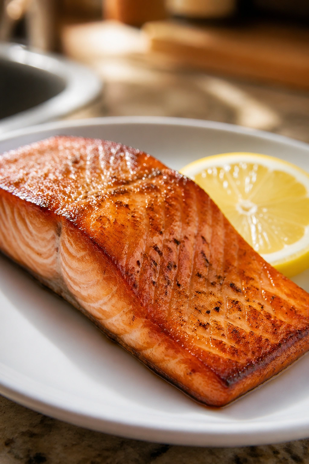 Close-up of a salmon fillet on a plate ready for a belly-fat-friendly meal