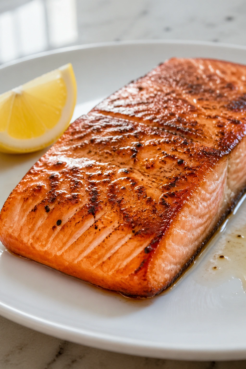 Pan-seared salmon fillet on plate with lemon in bright kitchen