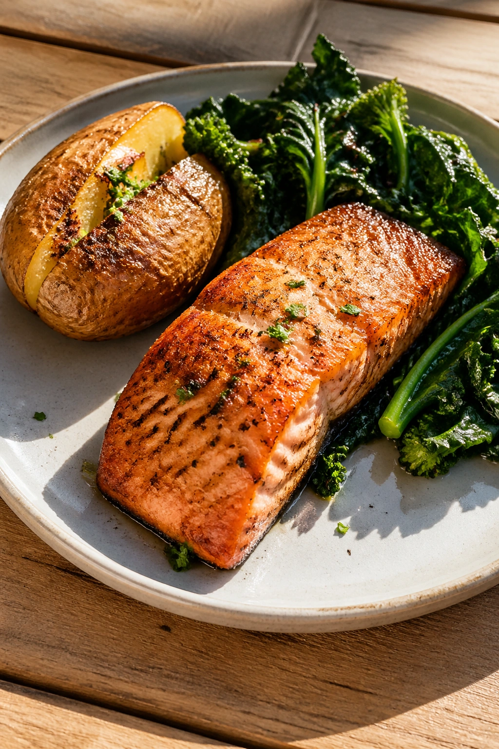 Plated salmon with potato and greens on a sunny table