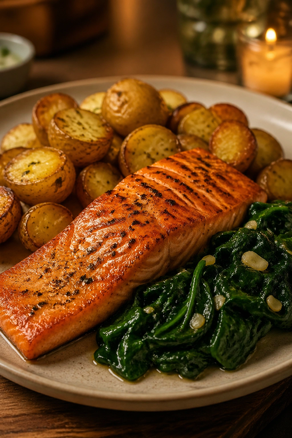 Close-up plate of salmon, potatoes, and greens on a dinner plate